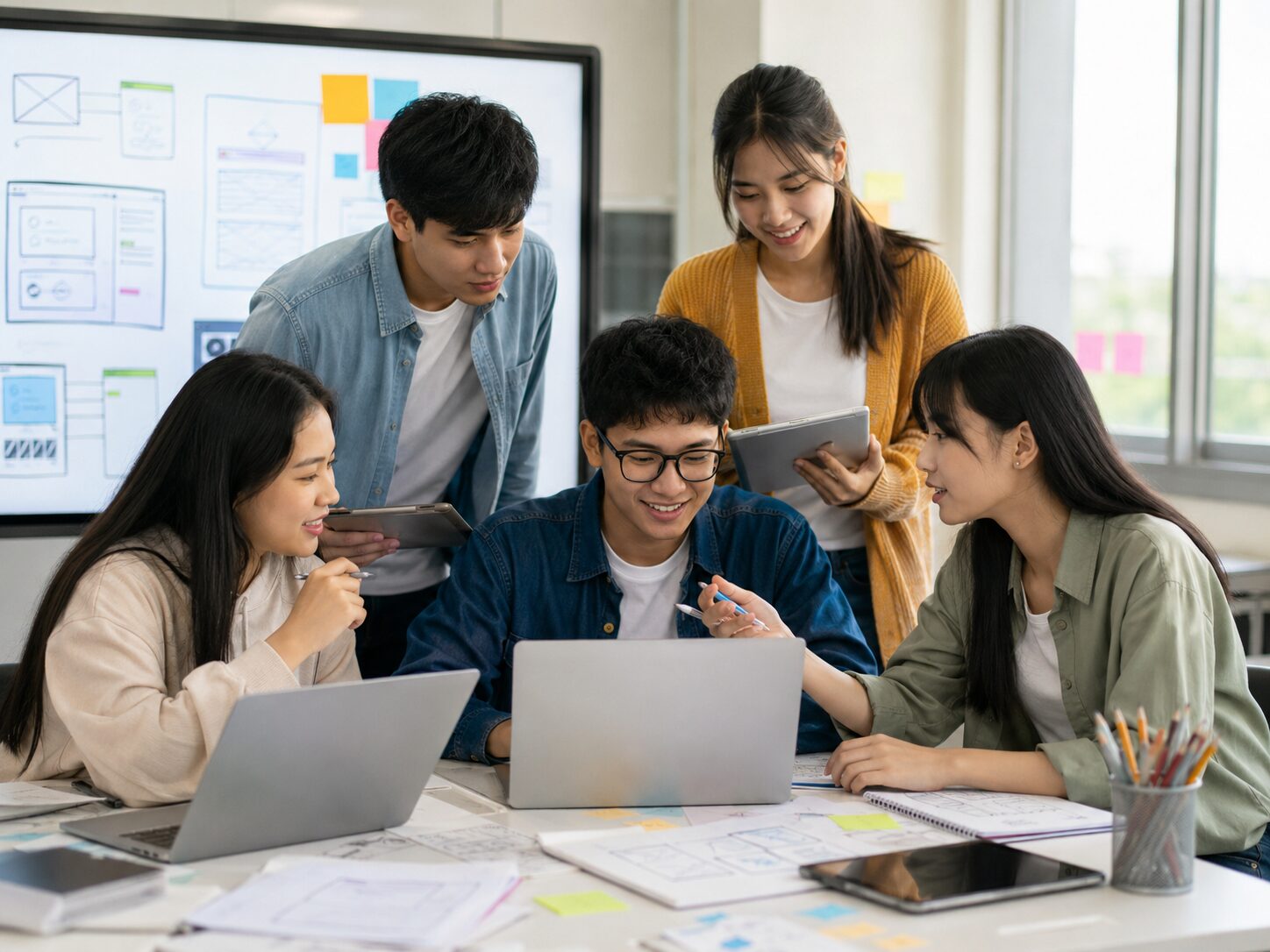 Senior CIIT students brainstorming a tech-based business idea with laptops, tablets, sketches, and a digital whiteboard in a modern classroom.