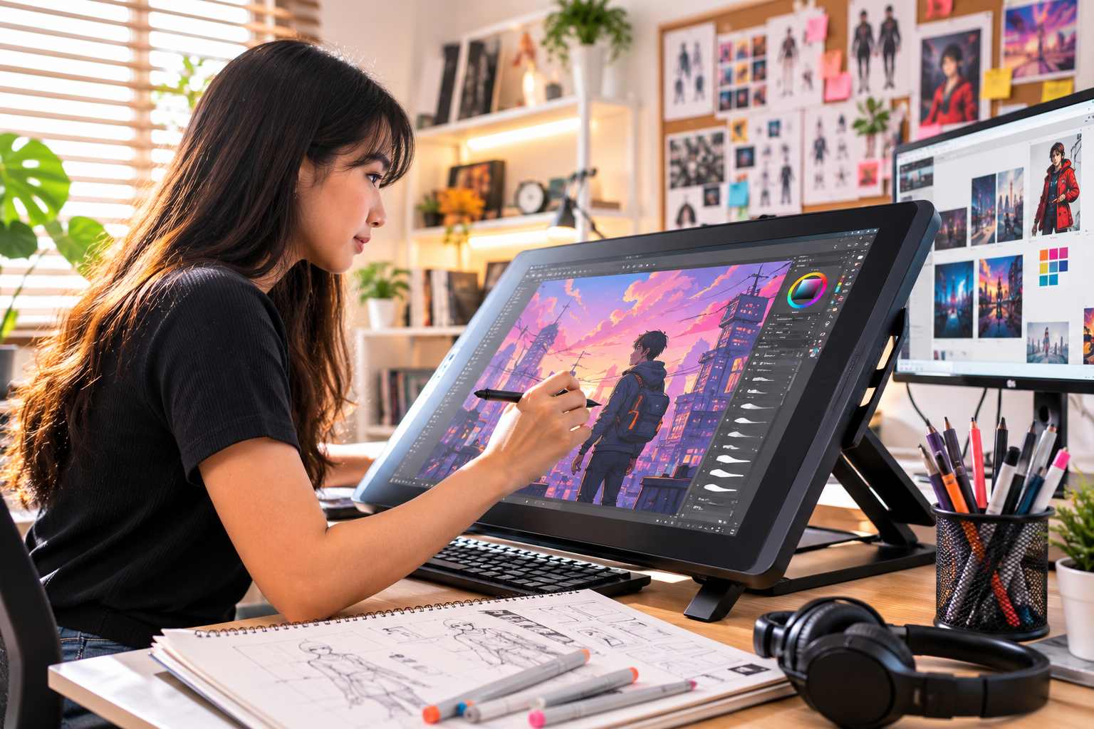 Student creates digital artwork on a drawing tablet in a media visual arts workspace